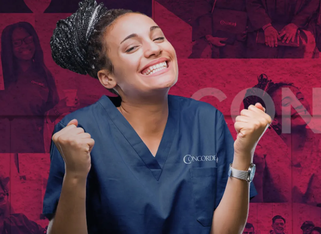 Smiling healthcare student in Concorde scrubs, representing student success and support alongside frequently asked questions about training programs
