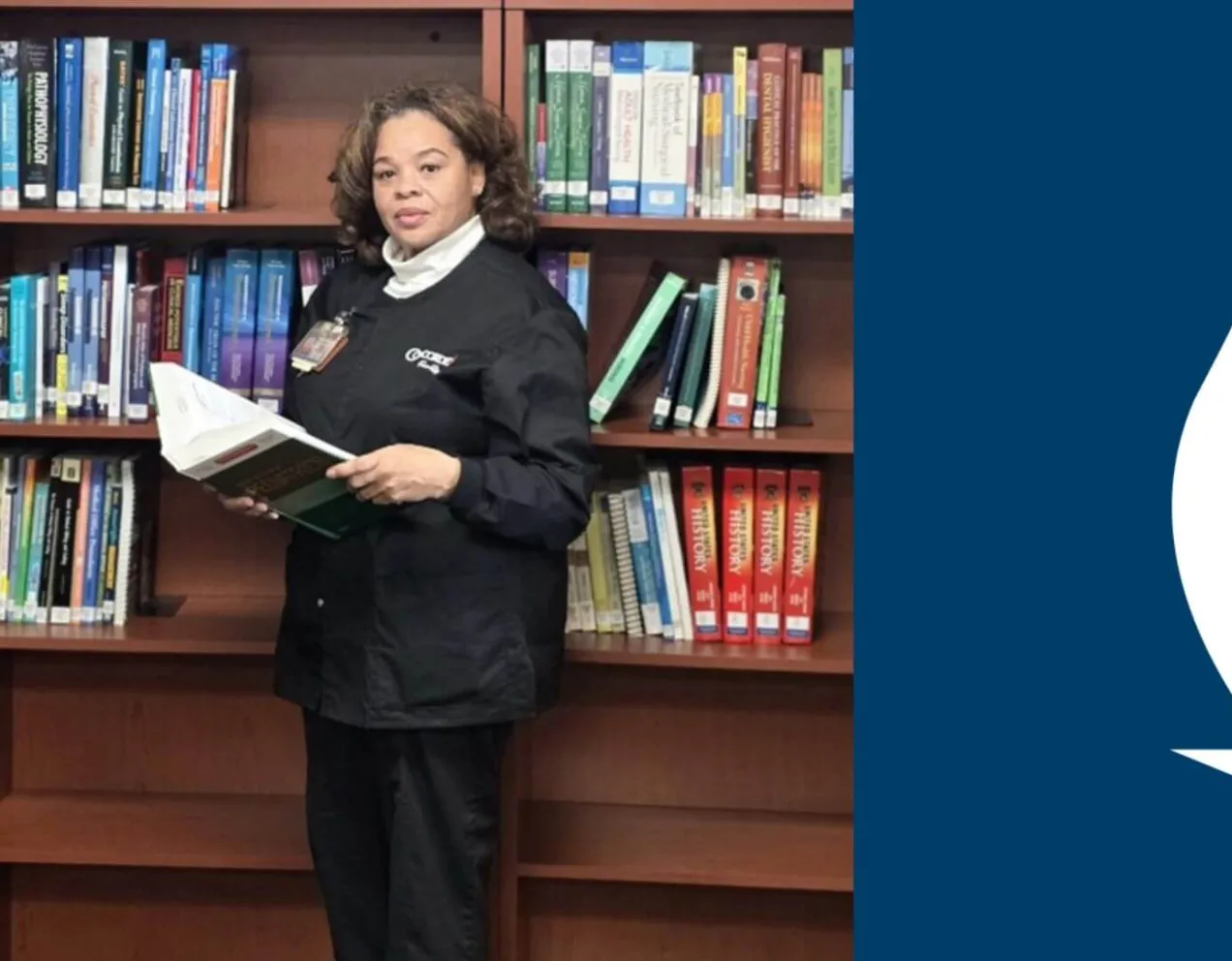 Selinza Mitchell holding a book in the learning resource center next to an image of the Concorde logo.