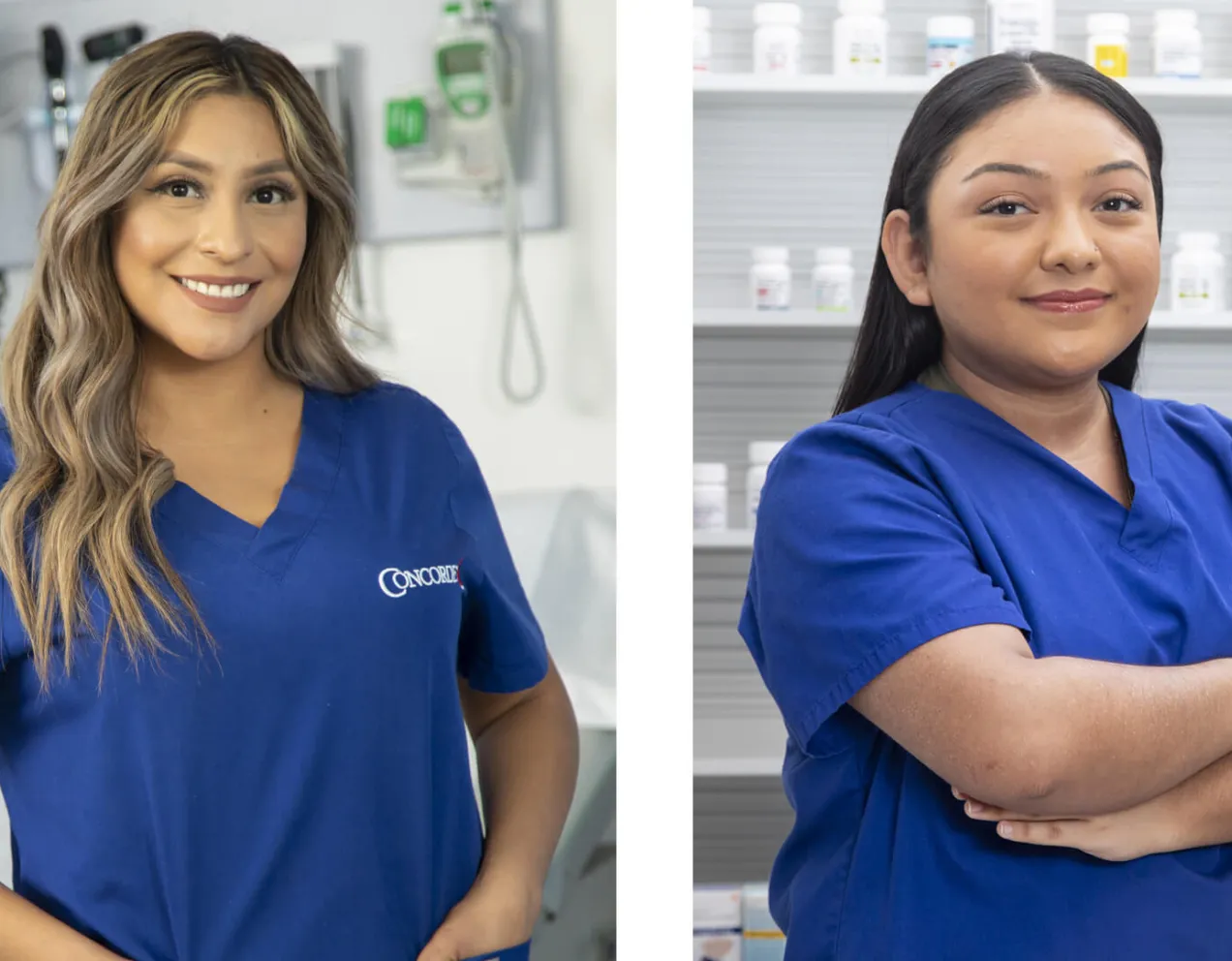 A medical assistant wearing blue scrubs with a hospital room in the background compared to a pharmacy technician standing in front of shelves of medication.