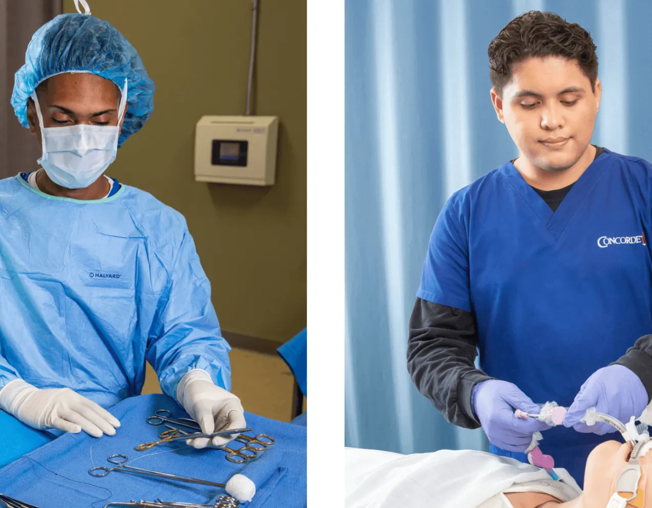 On the left, a male surgical technologist in face mask and surgical cap and gown prepares surgical instruments for surgery and on the right, a male respiratory therapist with dark hair and blue scrubs works with patient on a ventilator