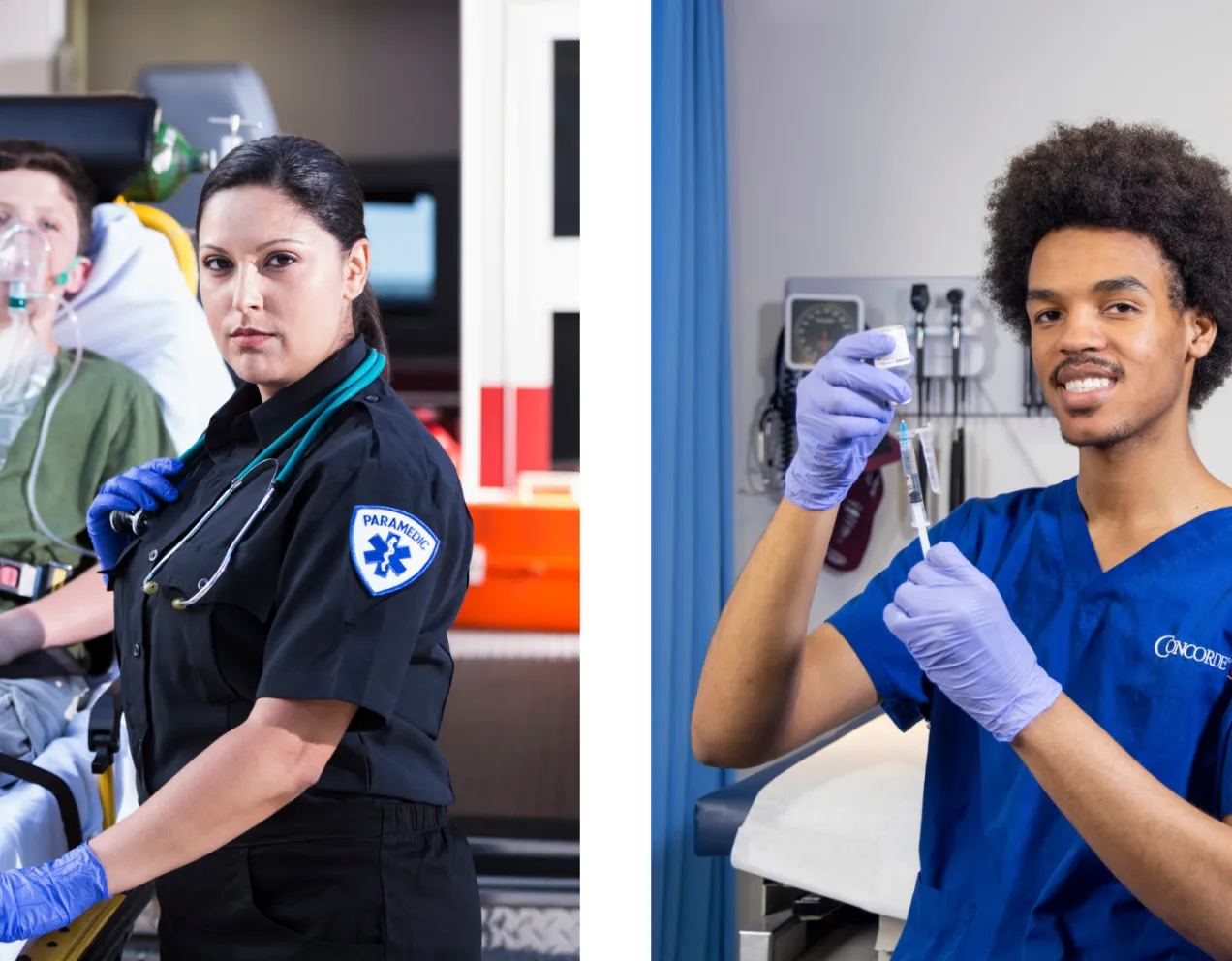 A female paramedic stands next to boy on stretcher outside of ambulance and a male medical assistant in blue scrubs prepares to administer medication for patient