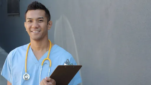 Travel nurse in scrubs with a clipboard and stethoscope, prepared to overcome challenges on the job