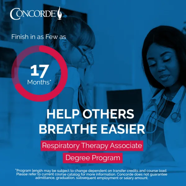 Promotional graphic for Concorde's Respiratory Therapy Associate Degree program highlighting 17-month completion timeline.