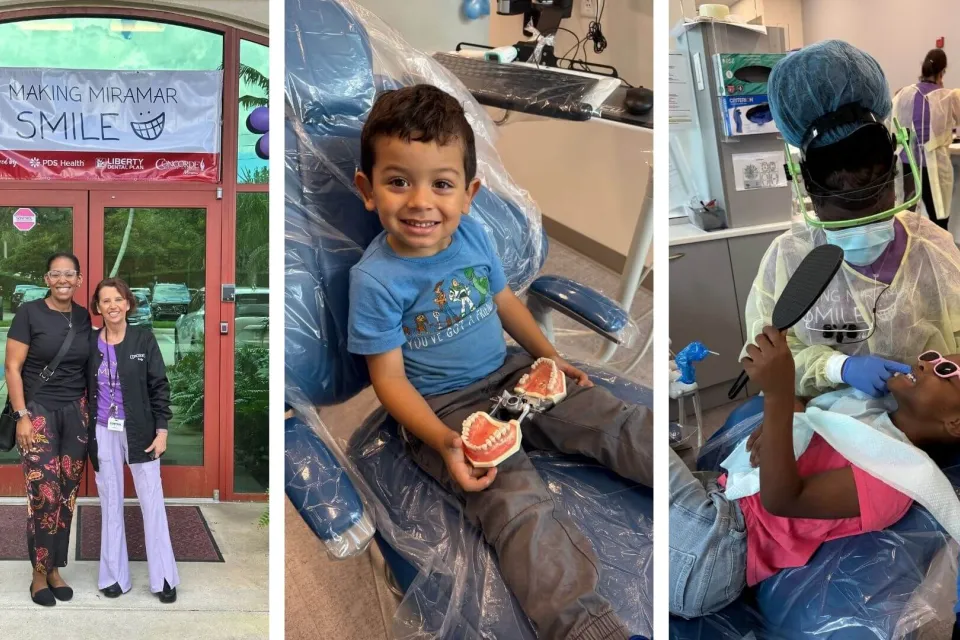 Three-picture collage of Concorde's Making Tampa Smile Event including, two people standing in front a sign, a child smiling in his stroller, and a student providing dental services to a patient.