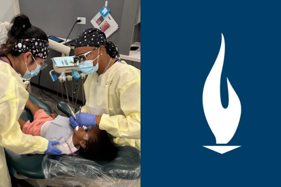 Two Concorde Dental Hygiene students providing no-cost dental services to a pediatric patient.