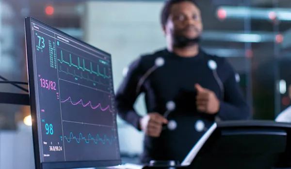 Treadmill cardio tests capturing vitals of man running.