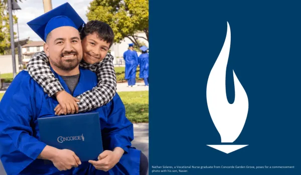 Nathan Solares, Concorde alumnus in cap and gown with son.