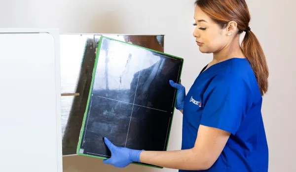 Technology skills being demonstrated by radiology tech holding x-ray film
