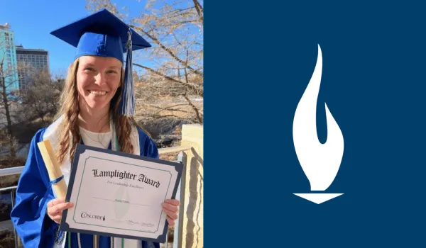 Female-graduate-wears-blue-cap-and-gown-and-smiles-while-holding-Lamplighter-certificate-from-Concorde-Career-College-San-Antonio