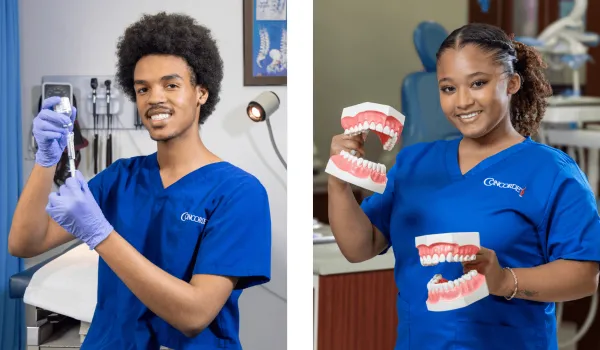 A male medical assistant wearing blue scrubs and gloves in a hospital prepares a syringe of medication to be administered while smiling at camera compared to a female dental assistant wearing blue scrubs holds two models of teeth in dental clinic and smil