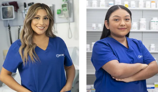 A medical assistant wearing blue scrubs with a hospital room in the background compared to a pharmacy technician standing in front of shelves of medication.