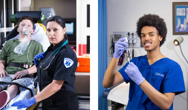 A female paramedic stands next to boy on stretcher outside of ambulance and a male medical assistant in blue scrubs prepares to administer medication for patient