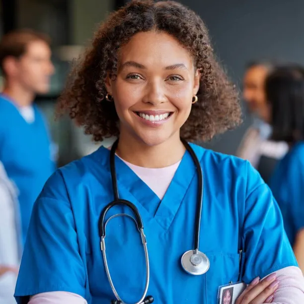 Registered nurse with BSN smiling confidently, representing leadership and patient care in clinical nursing environments.