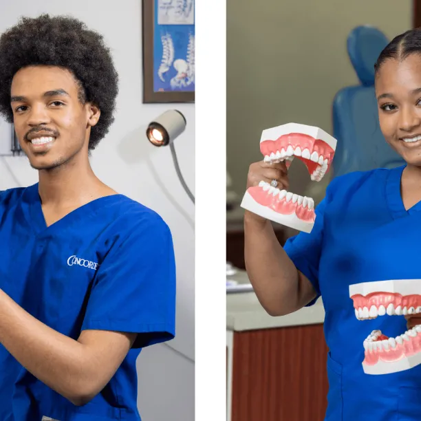 A male medical assistant wearing blue scrubs and gloves in a hospital prepares a syringe of medication to be administered while smiling at camera compared to a female dental assistant wearing blue scrubs holds two models of teeth in dental clinic and smil