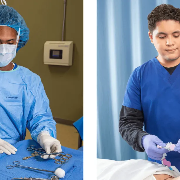 On the left, a male surgical technologist in face mask and surgical cap and gown prepares surgical instruments for surgery and on the right, a male respiratory therapist with dark hair and blue scrubs works with patient on a ventilator