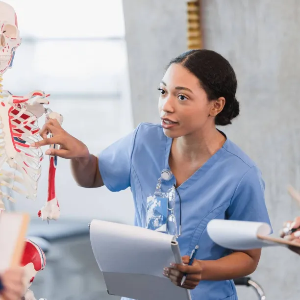 A female nurse educator uses a human skeleton model to teach clinical anatomy to a group of nursing students.