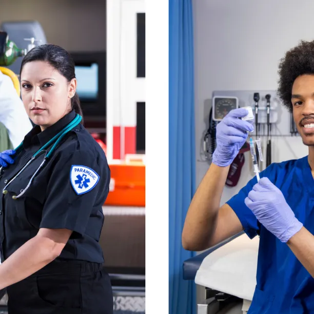 A female paramedic stands next to boy on stretcher outside of ambulance and a male medical assistant in blue scrubs prepares to administer medication for patient
