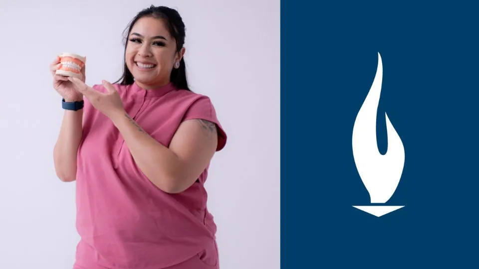 Lindsay Hernandez Castanada smiling and holding prosthedontics Lindsay Hernandez Castanada smiling and holding prosthedontics