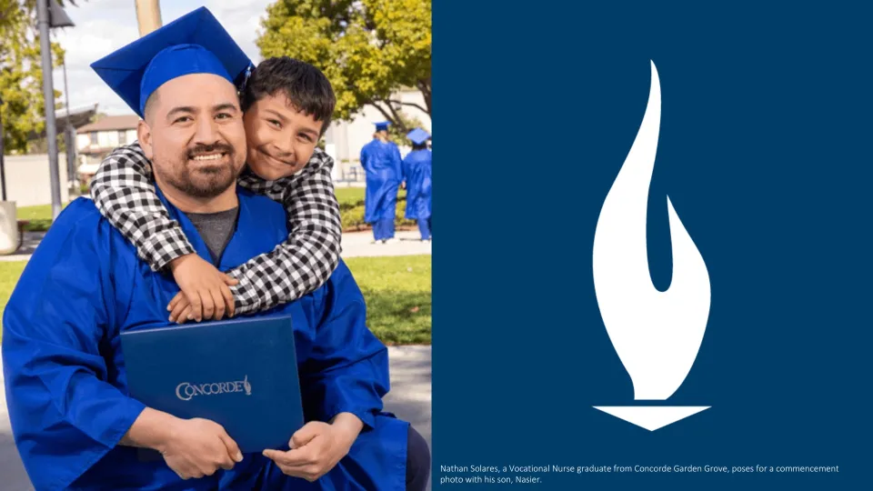 Nathan Solares, Concorde alumnus in cap and gown with son.