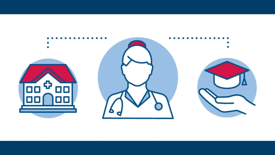 Nursing shortage workforce solutions infographic Nursing shortage workforce solutions infographic with icons of a school, nurse, and graduation cap