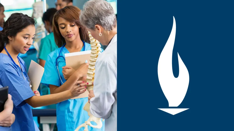 Nursing students reviewing anatomical spine model with instructor