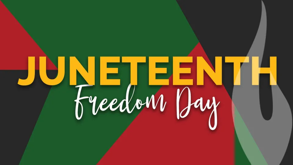 Juneteenth Freedom Day text on green red and black pattern background with torch overlay Juneteenth Freedom Day text on green red and black pattern background with torch overlay