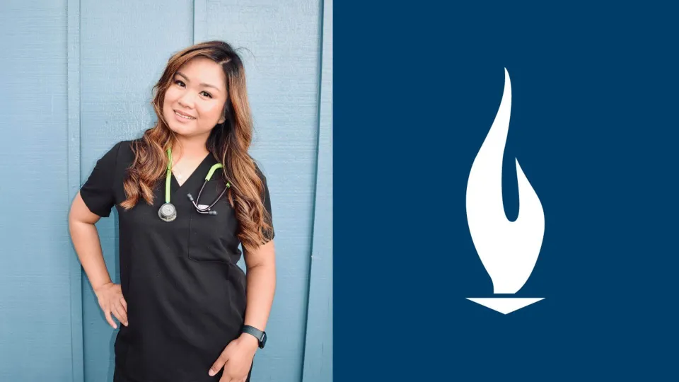 Sarah Duron next to white Concorde torch on blue background