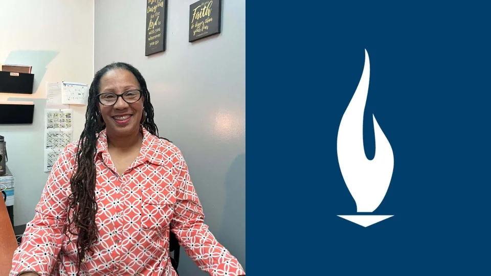 Chantel Miller sitting in her office at Concorde next to an image of the Concorde logo on a blue background.
