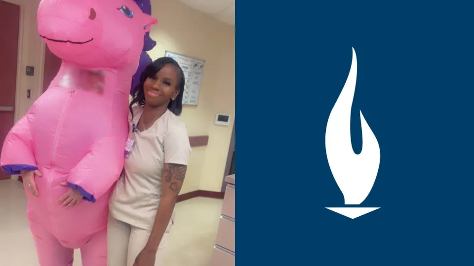 Antwonette-in-brown-scrubs-at-work-standing-next-to-a-coworker-in-a-unicorn-costume