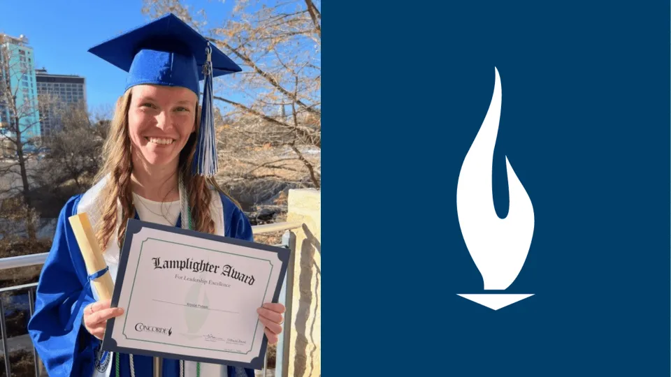 Krystal P at her graduation wearing a blue cap and gown and smiling while holding Lamplighter certificate from Concorde Career College San-Antonio Female-graduate-wears-blue-cap-and-gown-and-smiles-while-holding-Lamplighter-certificate-from-Concorde-Career-College-San-Antonio