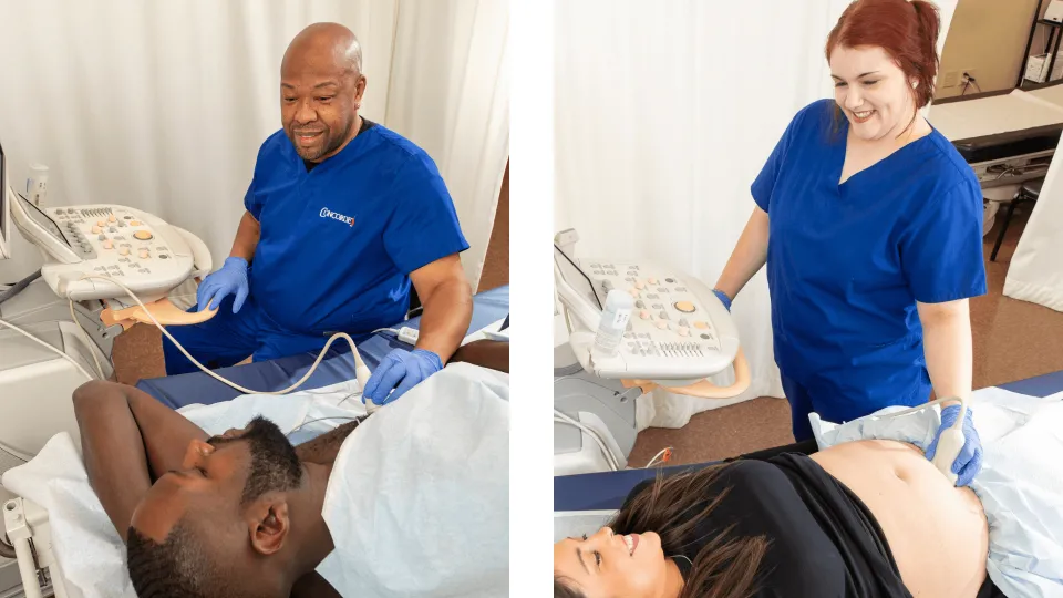 A male cardiovascular sonographer performing heart ultrasound on male patient and a female diagnostic medical sonographer performing abdomen ultrasound on female patient male-cardiovascular-sonographer-with-male-patient-and-female-diagnostic-medical-sonographer-with-female-patient