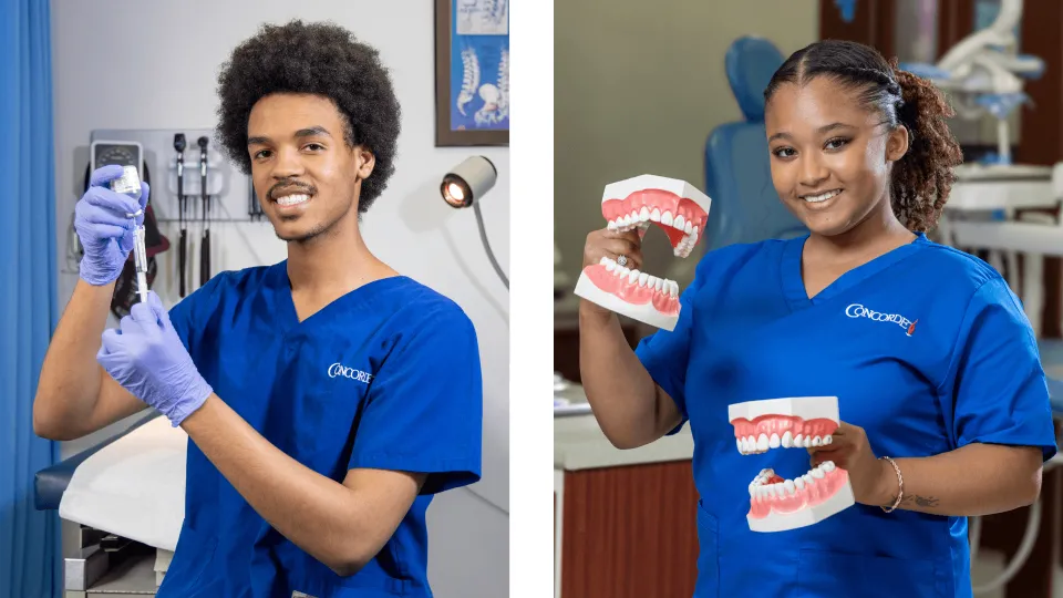 A male medical assistant wearing blue scrubs and gloves in a hospital prepares a syringe of medication to be administered while smiling at camera compared to a female dental assistant wearing blue scrubs holds two models of teeth in dental clinic and smil A male medical assistant wearing blue scrubs and gloves in a hospital prepares a syringe of medication to be administered while smiling at camera compared to a female dental assistant wearing blue scrubs holds two models of teeth in dental clinic and smil