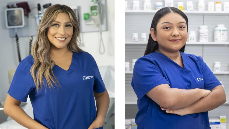 A medical assistant wearing blue scrubs with a hospital room in the background compared to a pharmacy technician standing in front of shelves of medication. A medical assistant wearing blue scrubs with a hospital room in the background compared to a pharmacy technician standing in front of shelves of medication.