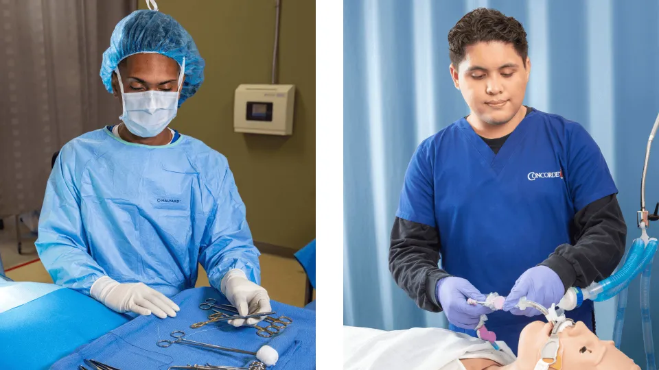 2051-On the left, a male surgical technologist in face mask and surgical cap and gown prepares surgical instruments for surgery and on the right, a male respiratory therapist with dark hair and blue scrubs works with patient on a ventilator On the left, a male surgical technologist in face mask and surgical cap and gown prepares surgical instruments for surgery and on the right, a male respiratory therapist with dark hair and blue scrubs works with patient on a ventilator