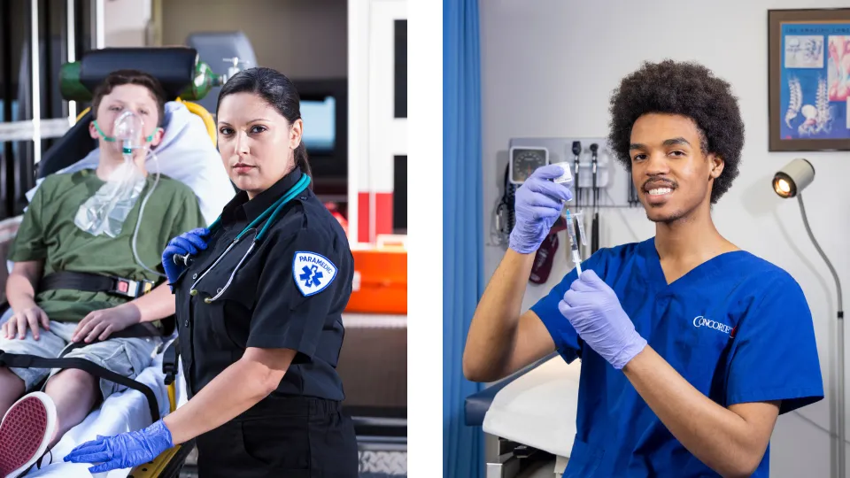 A female paramedic stands next to boy on stretcher outside of ambulance and a male medical assistant in blue scrubs prepares to administer medication for patient