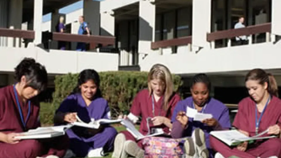 Students study on lawn outside Portland campus.