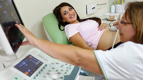 A sonographer points out some developments of the fetus for her pregnant patient