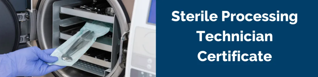 Sterile processing technician placing tools in autoclave, highlighting certificate training for healthcare careers.